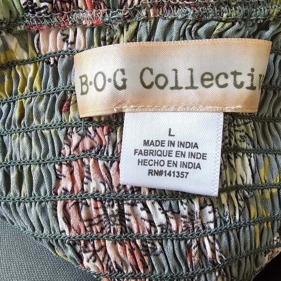 BOG Collective Dress L Green Milkmaid Peasant Floral Cottagecore Smocked Boho - Picture 14 of 15